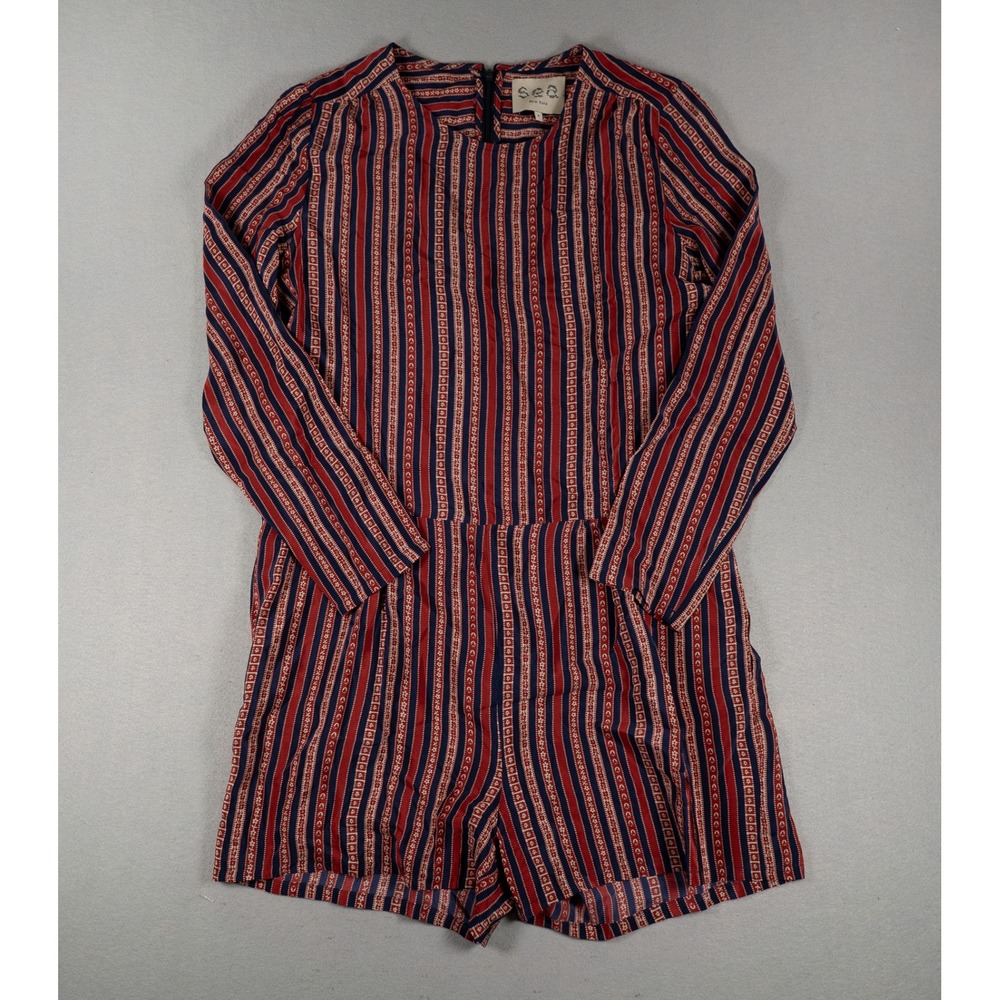 Sea New York Womens Romper Size 4 Long Sleeve Silk Striped Red Blue Floral